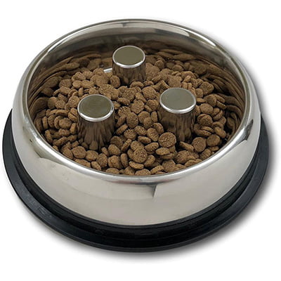 Top Dog Chews Brake Fast Stainless Steel Slow Feed Dog Bowl