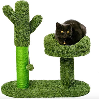 Full Wrapped Premium Natural Sisal Scratching Post for Indoor Cats Cactus Cat Scratcher Tower with 3 Scratch Post and Dangling Bell Ball T2Y Cat Scratching Post