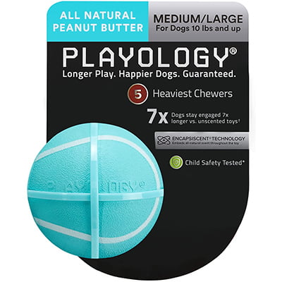 PLAYOLOGY - Squeaky Chew Ball Dog Toy - Medium/Large - Engaging All-Natural Peanut Butter Scent