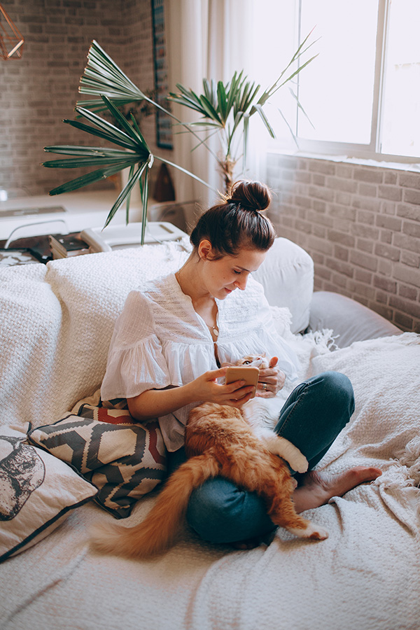 Woman with smartphone stroking cat on sofa