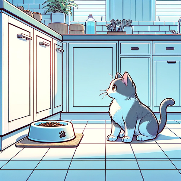 Cat and a food bowl of cat food in the kitchen