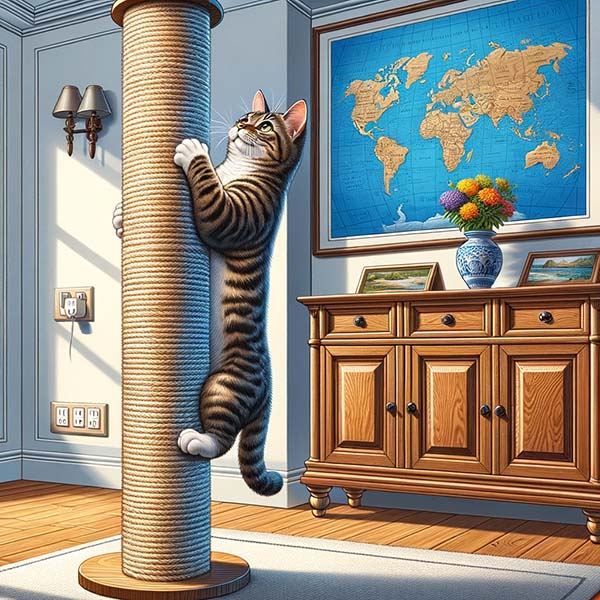 Cat stretching upwards to scratch a tall, wall-mounted scratching post
