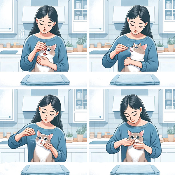 Image illustrating the process of giving a pill to a cat