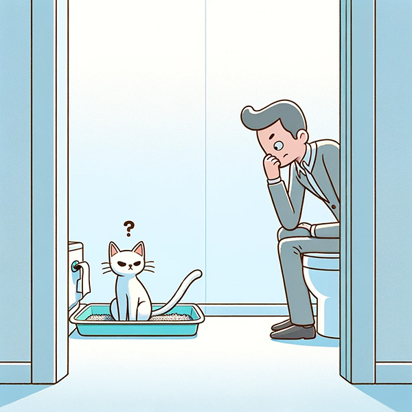 Man and cat mirroring each other in a bathroom