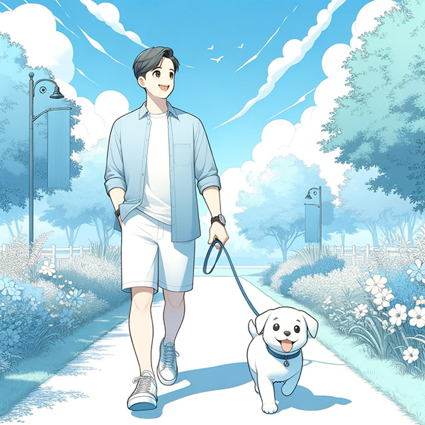 Man and his puppy enjoying a walk outdoors