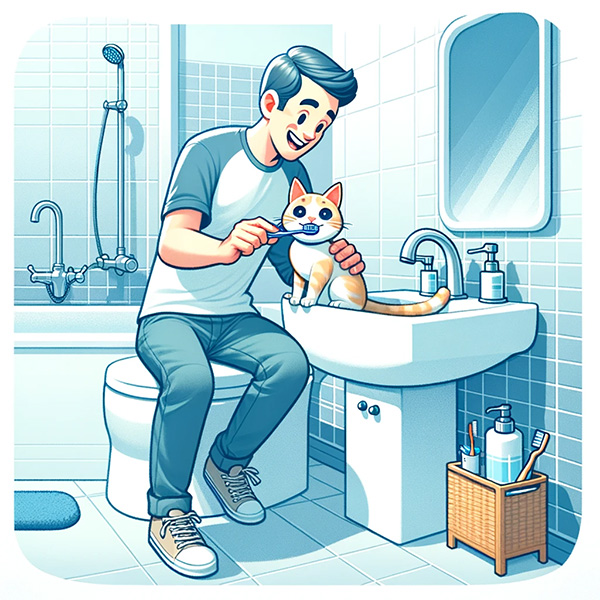 Man brushes teeth of cat sitting on bathroom sink