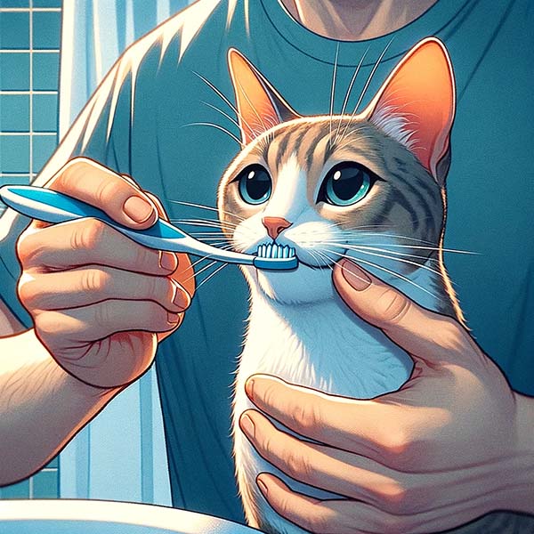 Man brushing cat's teeth