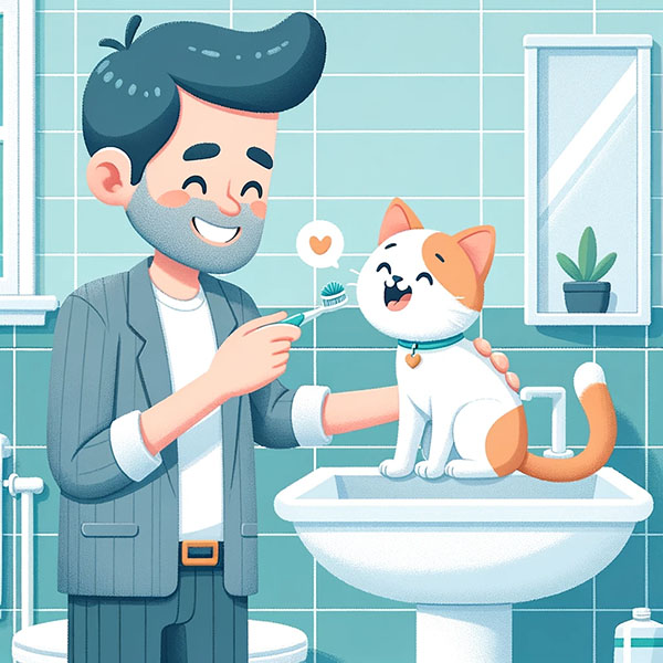 Man brushing the cat's teeth in the bathroom