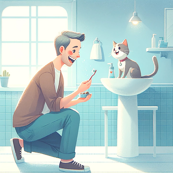 Man congratulating his cat after a tooth-brushing session