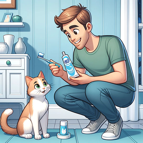 Man introduces cat toothpaste and a toothbrush to his cat