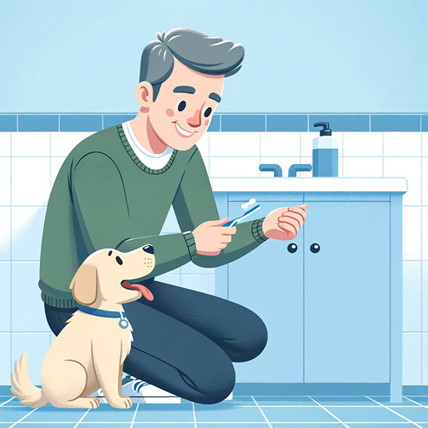 Man introducing a dog toothbrush to his dog