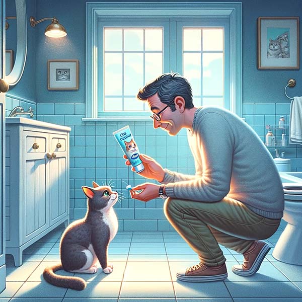 Man introducing cat toothpaste to his cat