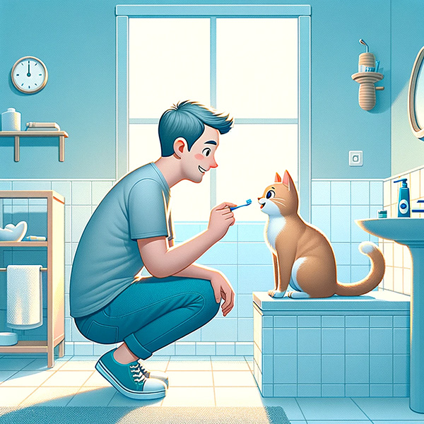 Man positioning his cat, getting ready for a teeth-brushing session