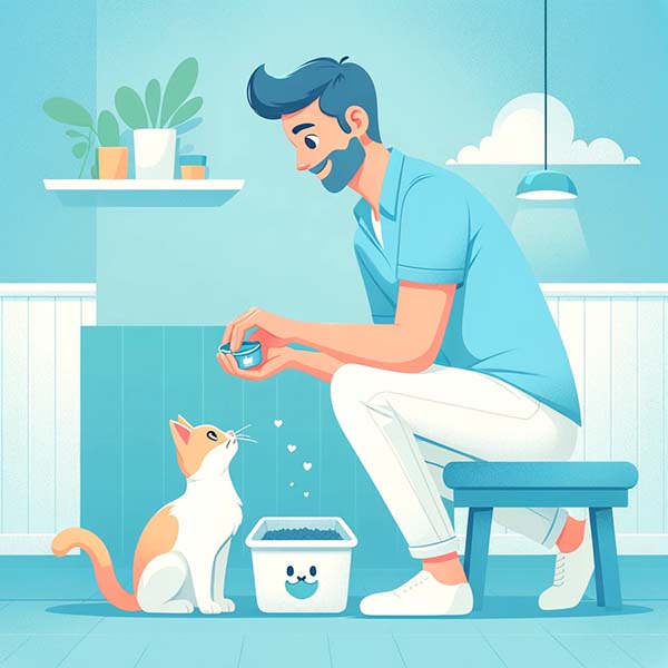 Man rewarding his cat with a treat after a successful potty training