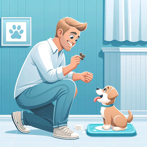Man rewarding his puppy with a treat after using the potty pad