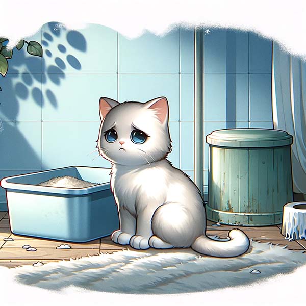 Sad cat next to a dirty and smelly litter box
