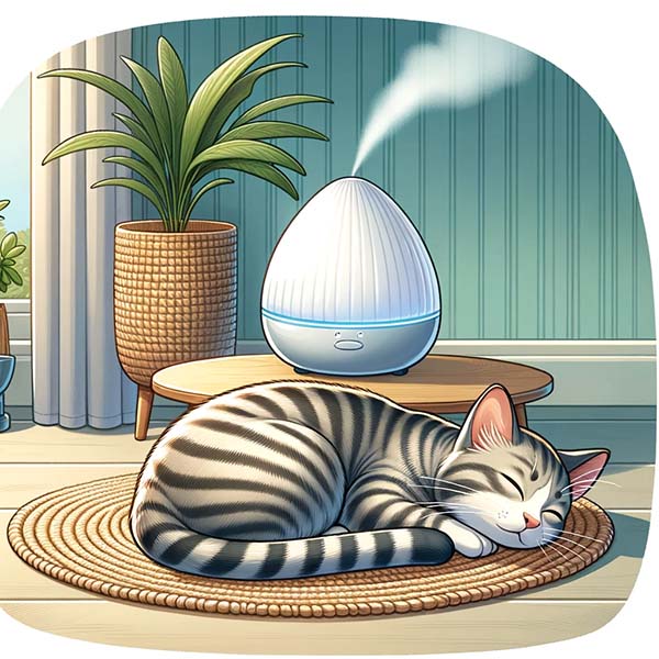 Tabby cat sleeping on a round woven mat next to a white diffuser
