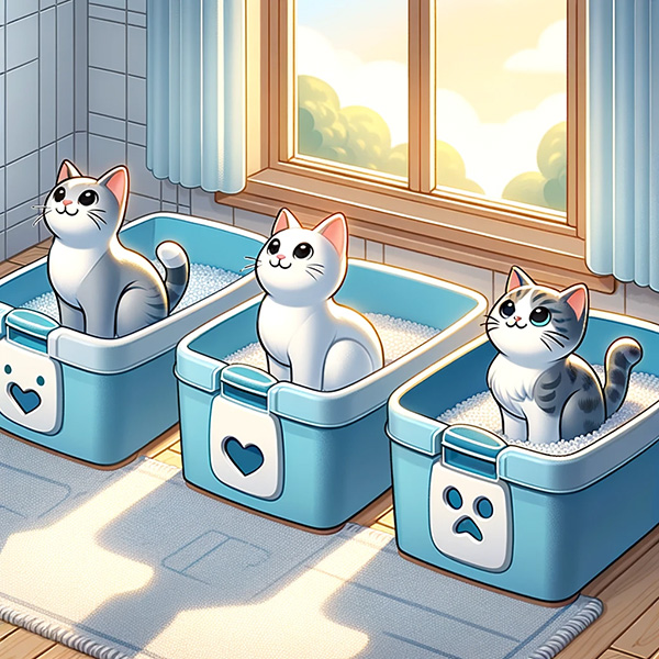 Three cats in blue litter boxes by the window