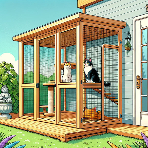 Two cats inside a catio
