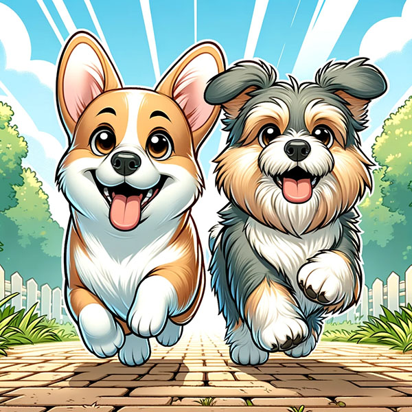 Two happy dogs running towards down a brick path