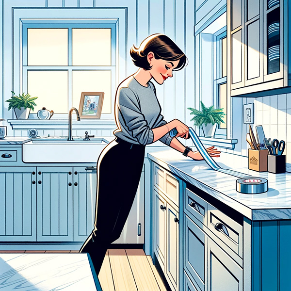 Woman applying adhesive tape to her kitchen counter