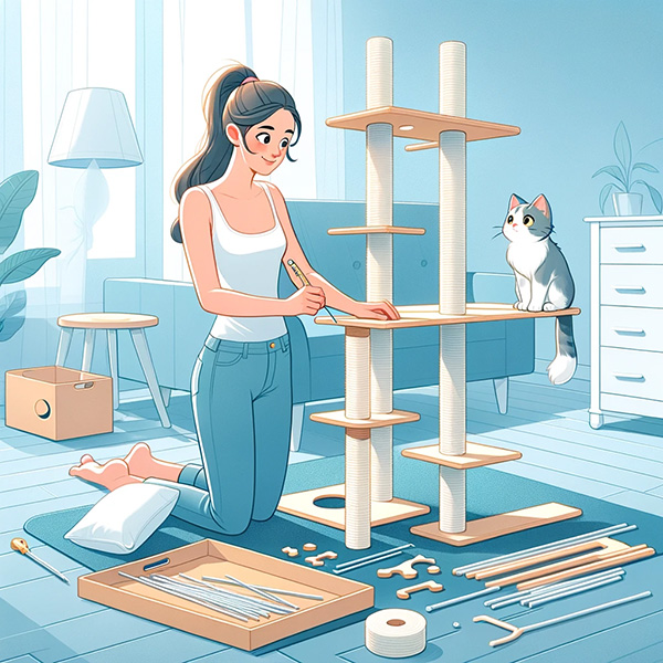 Woman assembling cat tower