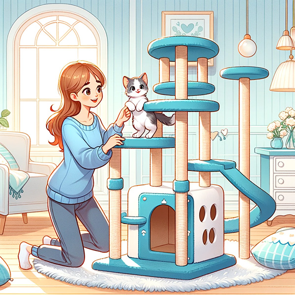 Woman assisting a kitten as it explores a cat tower