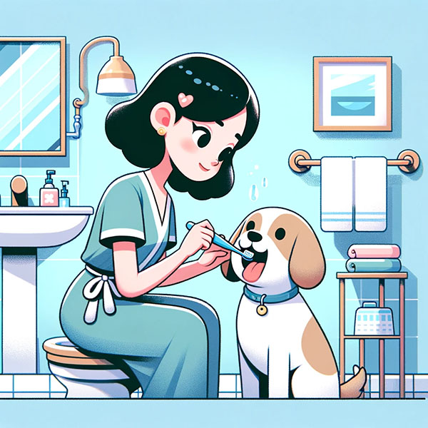 Woman brushing her dog's teeth in the bathroom
