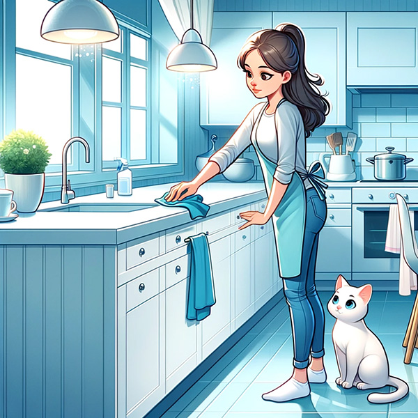 Woman cleaning the kitchen counter
