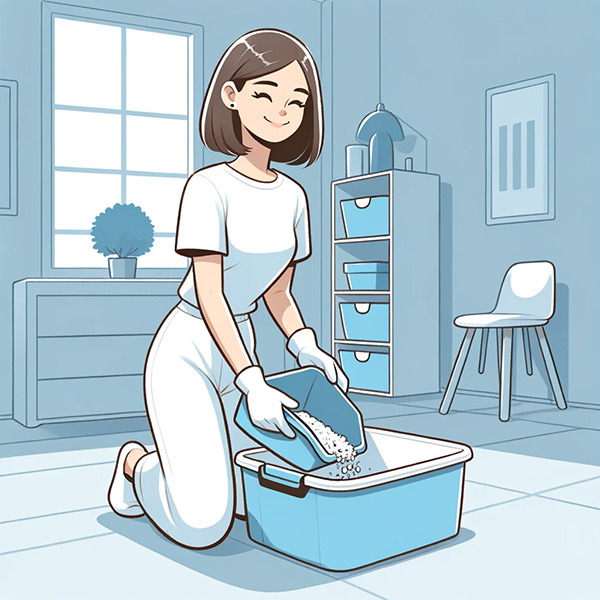 Woman filling the litter box with fresh litter