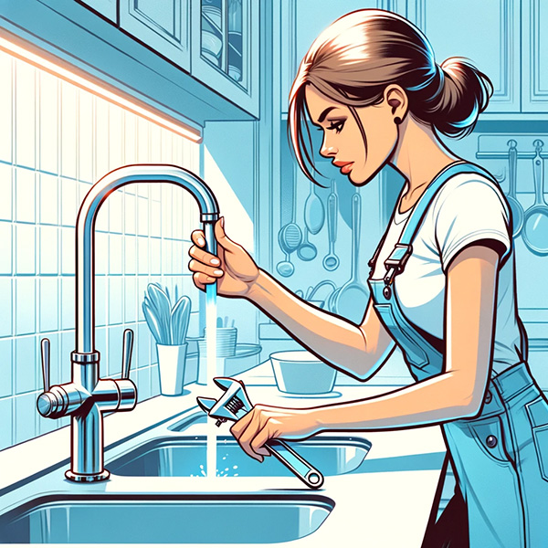 Woman fixing a leaky kitchen faucet