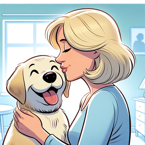 Woman lovingly kissing a happy dog