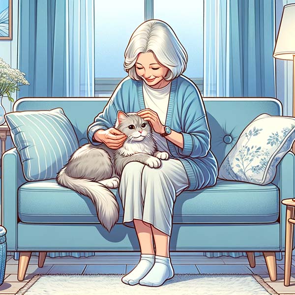 Woman petting an old-aged cat on the sofa