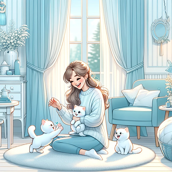 Woman playing with her cats in a living room