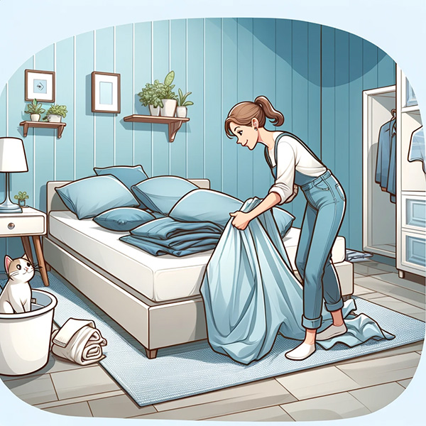 Woman removing the bedding with a cat watching from the floor