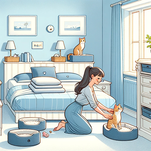 Woman setting up kitten beds