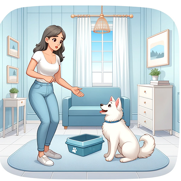 Woman training white dog to stay away from the litter box