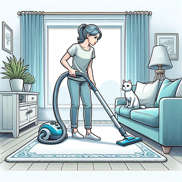 Woman vacuuming the carpet in the living room with her cat is sitting on the sofa
