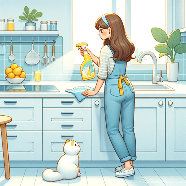 Woman wiping the kitchen counter with citrus spray