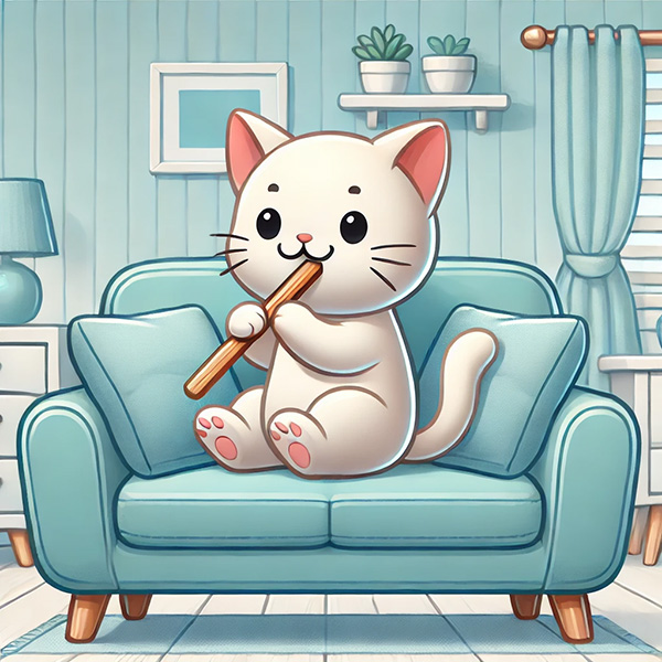 Cat chewing a wooden dental stick on a sofa in the living room