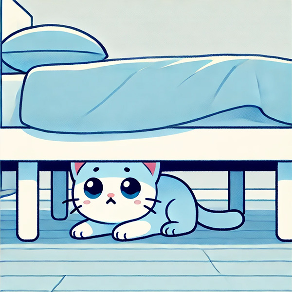 Cat hiding under a bed