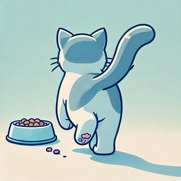 Cat walking away from a bowl of food