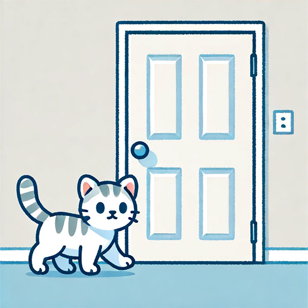 Cat walking in front of a closed door