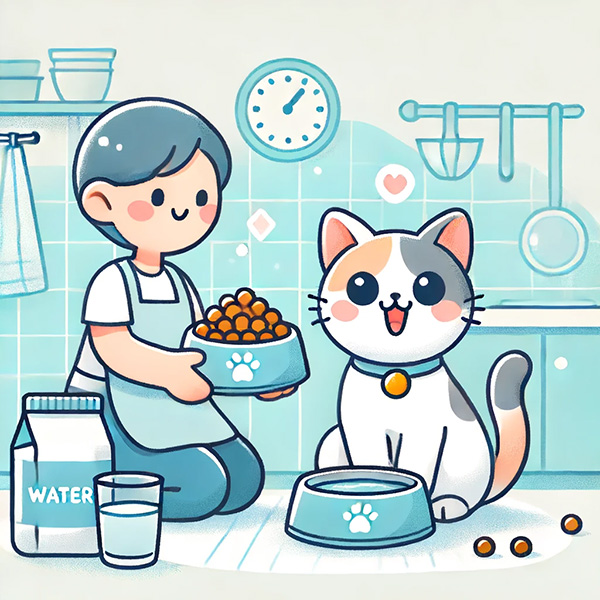 Preparing cat food and water