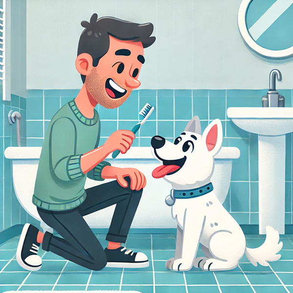 A man kneeling on the bathroom floor, holding a toothbrush and smiling