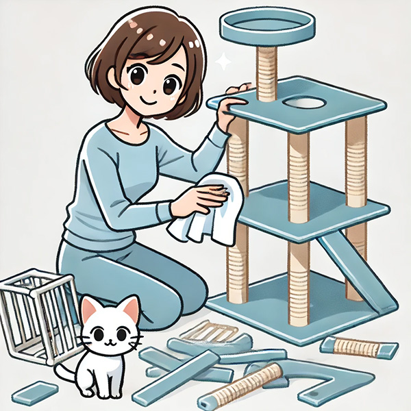 Woman wiping a disassembled part of a cat tree