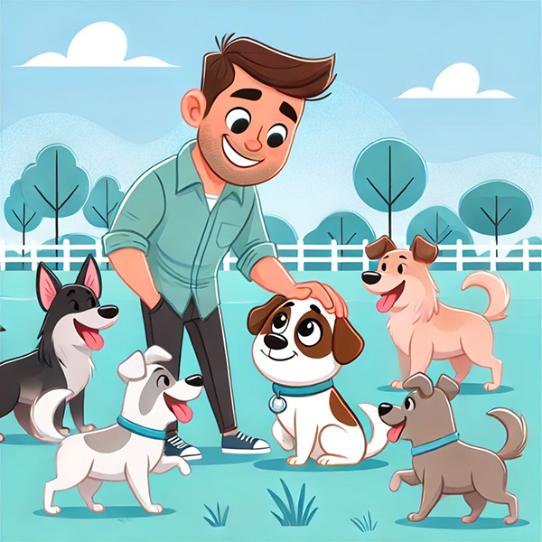 Man introducing his shy dog to other dogs in a park