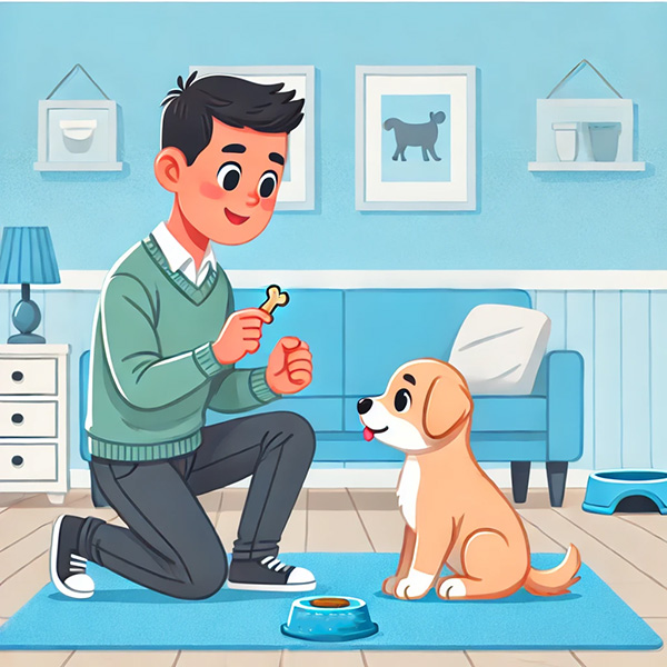 Man training a shy dog in a living room