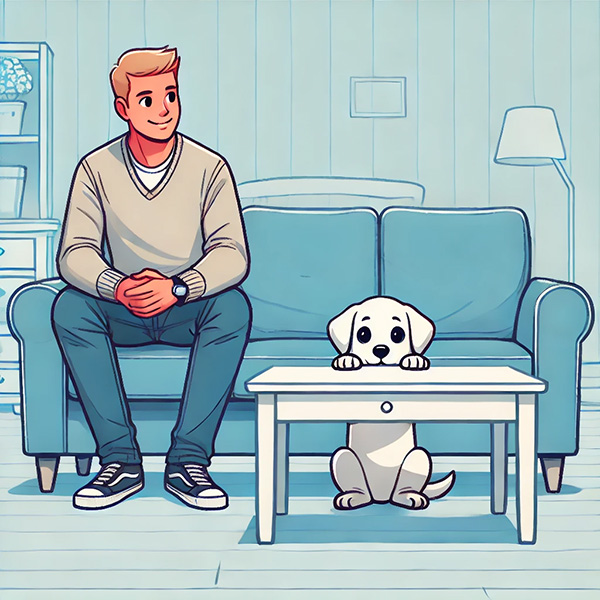 Man waiting for a shy dog to approach him in a living room