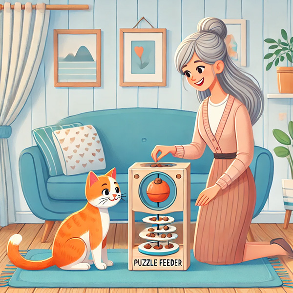 Woman letting her orange cat use a puzzle feeder